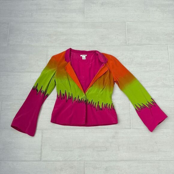 Jendo 100% Silk Blazer Neon Unique Party Zig Zag 80s Multicolor Bell Sleeves S - Picture 1 of 10